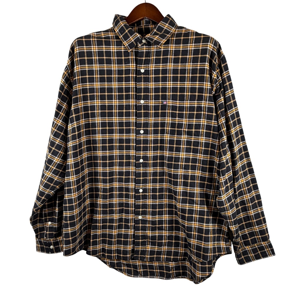 VINTAGE Polo Jeans Co Ralph Lauren XL Black Yellow Plaid Cotton Flannel Shirt